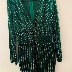 Emerald Green Mini Dress With Rhinestone Pin Stripe Size Large , Like New